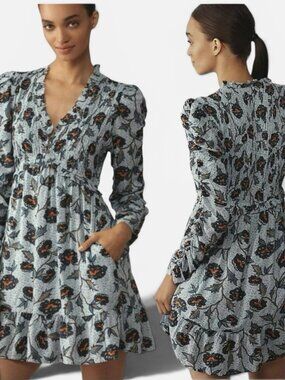 Anthropologie Floral Smocked Mini Dress Sz M Long Sleeve Flowy Boho